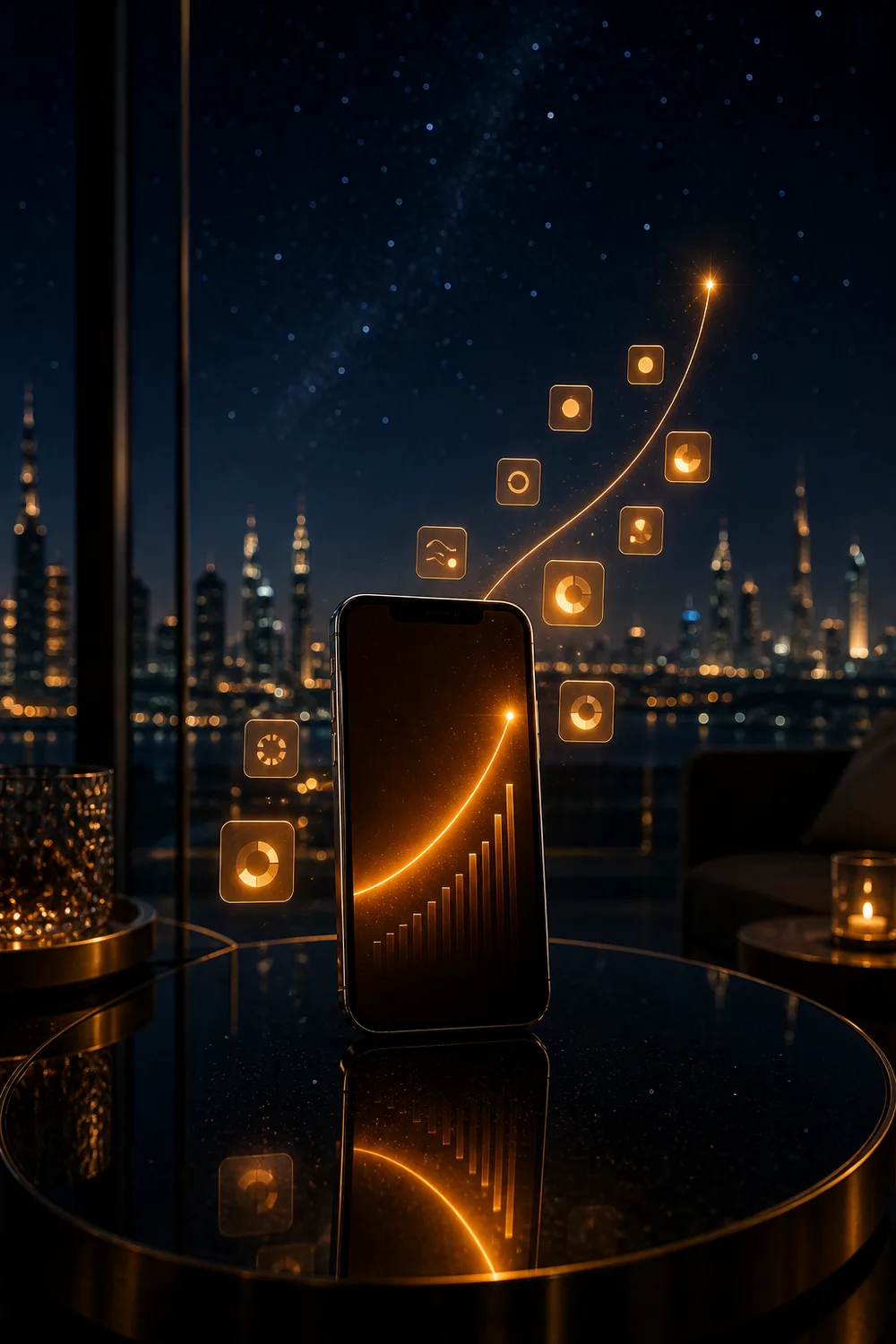 A smartphone on a dark table at night, a glowing growth curve rising off its screen into a starry sky over a Gulf city skyline