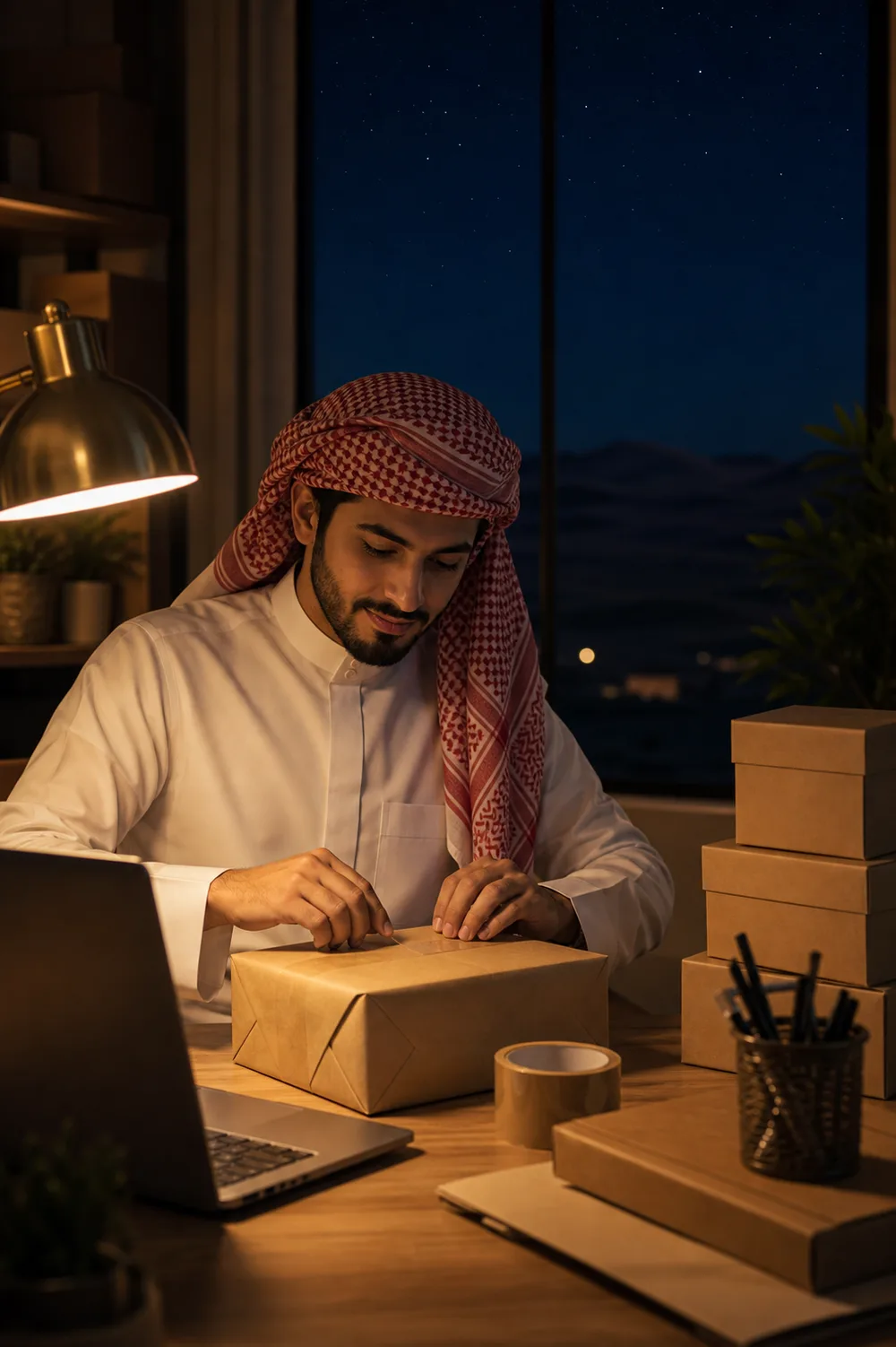A Gulf store owner in a shemagh packing a parcel by lamplight, laptop open, a starry desert night through the window